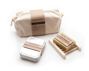 Actively Eco Travel Gift Set. Contains: Tea Tree Oil soap, bamboo soap saver and Handy travel soap tin, all in an ethically produced cotton accessory bag
